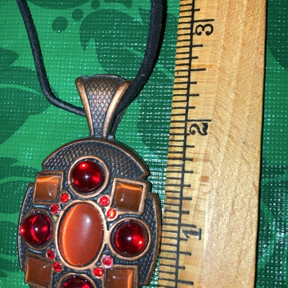 Necklace, copper base with 4 red glass stones, and 5 orange cat eyes $29 - Picture 7 of 13